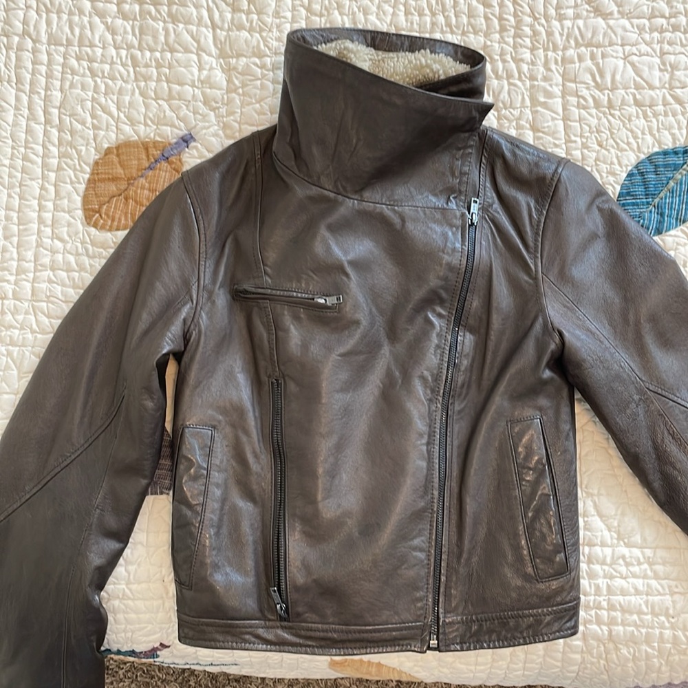 Brown Leather Shearling Lined Biker Jacket - image 3